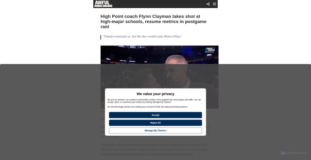 Security scan screenshot of https://amp.awfulannouncing.com/college-basketball/high-point-coach-flynn-clayman-postgame-rant.html