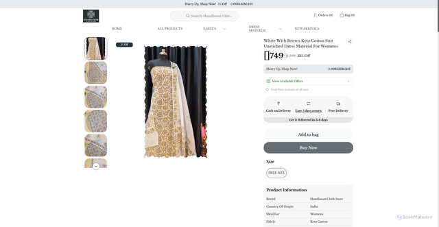Security scan screenshot of https://handloomclothstore.com/White-With-Brown-Kota-Cotton-Suit-Unstiched-Dress-Material-For/catalogue/sqmpgX2t/DF8wxSTi