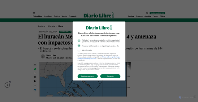 Security scan screenshot of https://www.diariolibre.com/planeta/clima/2025/10/26/huracan-melissa-sube-a-categoria-4-amenaza-con-impactos-catastroficos/3290506