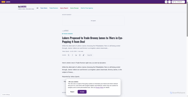 Security scan screenshot of https://www.fyilakers.com/lakers-proposed-to-trade-bronny-james-to-76ers-in-eye-popping-4-team-deal