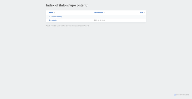 Security scan screenshot of http://clientes.santek.dev.br/faloni/wp-content/?MA