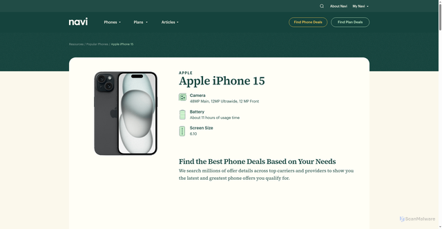 Security scan screenshot of https://www.yournavi.com/phones/apple-iphone-15