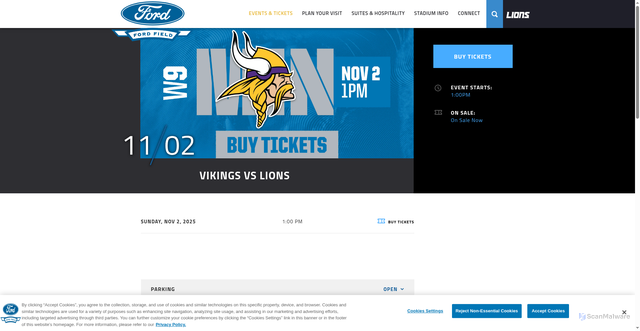 Security scan screenshot of https://www.fordfield.com/events/detail/vikings-vs-lions-2025