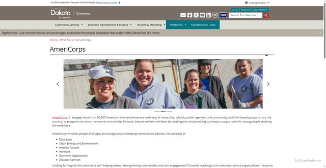 Security scan screenshot of https://www.commerce.nd.gov/workforce/americorps