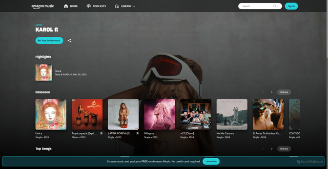 Security scan screenshot of https://music.amazon.ca/artists/B00FN5IY46/karol-g