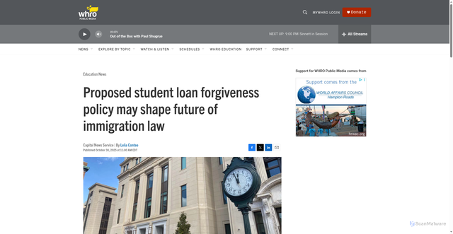 Security scan screenshot of https://www.whro.org/education-news/2025-10-30/proposed-student-loan-forgiveness-policy-may-shape-future-of-immigration-law