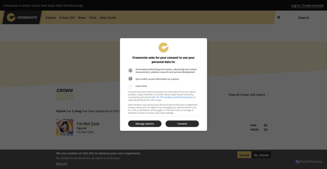 Security scan screenshot of https://www.crownnote.com/artists/hyuna