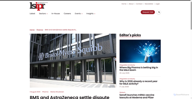 Security scan screenshot of https://www.lifesciencesipreview.com/big-pharma/bristol-myers-squibb-and-astrazeneca-settle-dispute-for-510m-5224