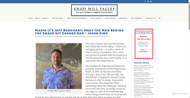 Security scan screenshot of https://enjoymillvalley.com/marin-ijs-jeff-burkhart-meet-the-man-behind-the-smash-hit-corner-bar-jason-sims/