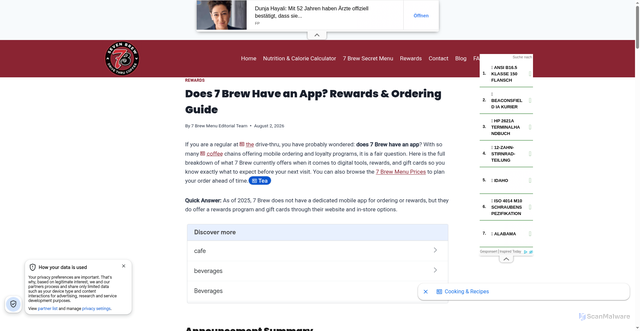 Security scan screenshot of https://sevenbrewmenucoffee.com/does-7-brew-have-an-app-rewards-ordering-guide/