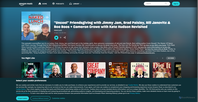 Security scan screenshot of https://music.amazon.co.uk/podcasts/d419b81f-f9fc-4ff3-a89f-61e6f6fb0ec0/episodes/be7017c3-b4b1-4266-b206-1483ee34436c/naked-lunch-uncool-friendsgiving-with-jimmy-jam-brad-paisley-bill-janovitz-boo-boos-cameron-crowe-with-kate-hudson-revisited