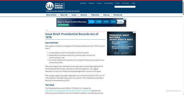 Security scan screenshot of https://www2.archivists.org/statements/issue-brief-presidential-records-act-of-1978