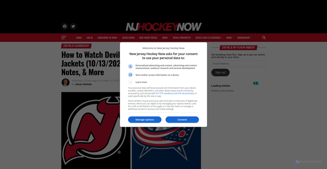 Security scan screenshot of https://newjerseyhockeynow.com/2025/10/13/how-to-watch-new-jersey-devils-game-vs-columbus-blue-jackets-10-13-2025-projected-lines-notes-more/