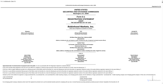 Security scan screenshot of https://www.sec.gov/Archives/edgar/data/1783879/000162828021013318/robinhoods-1.htm