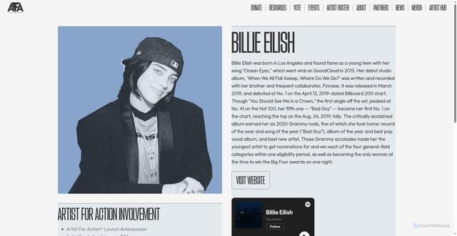 Security scan screenshot of https://www.artistforaction.com/artists/billie-eilish