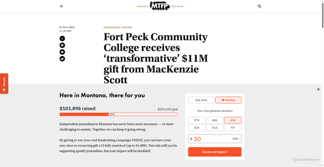 Security scan screenshot of https://montanafreepress.org/2025/11/26/fort-peck-community-college-receives-11m-gift-from-mackenzie-scott/
