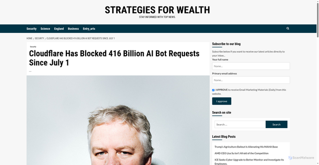 Security scan screenshot of https://strategiesforwealth.net/cloudflare-has-blocked-416-billion-ai-bot-requests-since-july-1