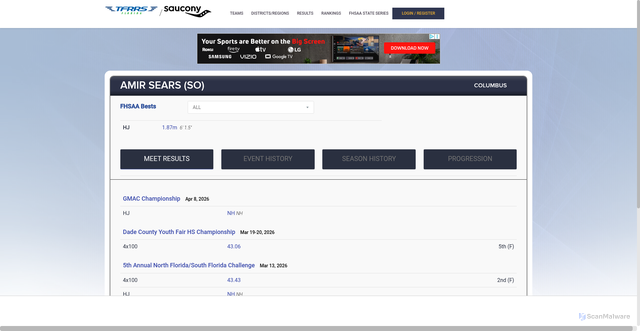 Security scan screenshot of https://florida.tfrrs.org/athletes/9314537/Miami_Columbus/_Amir_Sears