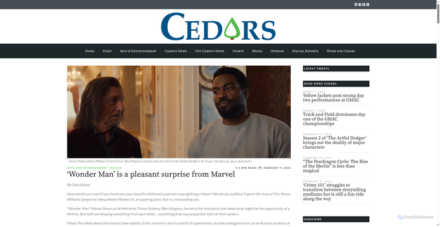 Security scan screenshot of https://cedars.cedarville.edu/2026/02/wonder-man-is-a-pleasant-surprise-from-marvel/