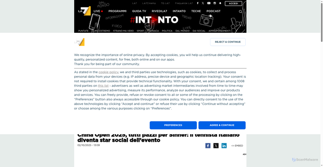 Security scan screenshot of https://www.la7.it/intanto/video/china-open-2025-tutti-pazzi-per-sinner-il-tennista-italiano-diventa-star-social-dellevento-02-10-2025-613459