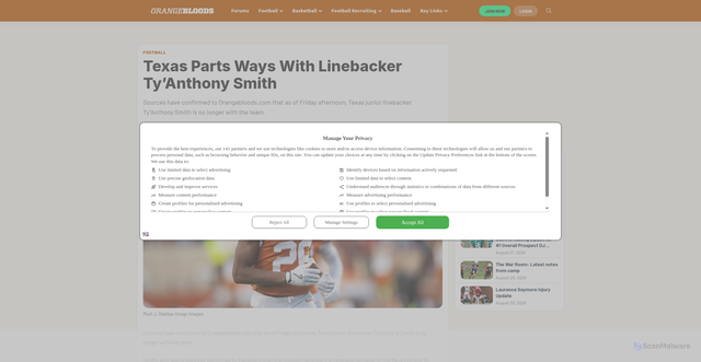 Security scan screenshot of https://www.orangebloods.com/2026/08/21/linebacker-tyanthony-smith-leaves-longhorns/