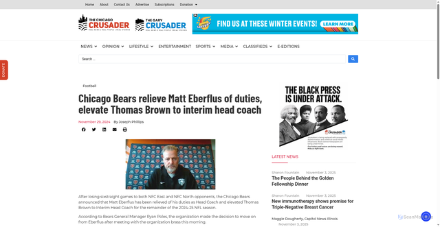 Security scan screenshot of https://chicagocrusader.com/chicago-bears-relieve-eberflus-of-duties-elevate-thomas-brown-to-interim-head-coach/