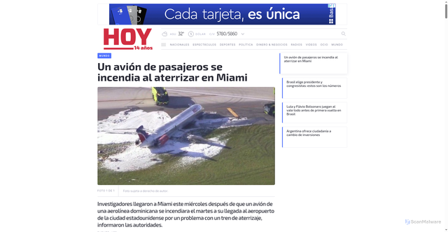 Security scan screenshot of https://www.hoy.com.py/mundo/un-avion-de-pasajeros-se-incendia-al-aterrizar-en-miami