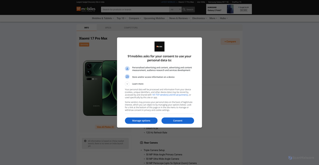 Security scan screenshot of https://www.91mobiles.com/xiaomi-17-pro-max-price-in-india