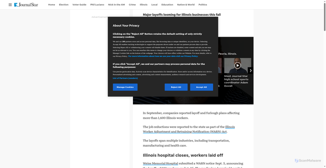 Security scan screenshot of https://www.pjstar.com/story/news/state/2025/10/13/illinois-businesses-report-waves-of-layoffs-according-to-warn-act/86609807007/