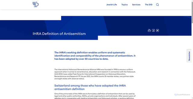 Security scan screenshot of https://swissjews.ch/en/topics/antisemitism/ihra/