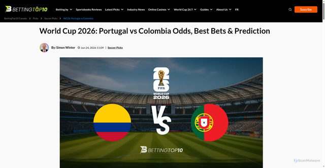 Security scan screenshot of https://www.bettingtop10.ca/world-cup-2026-portugal-vs-colombia-prediction/