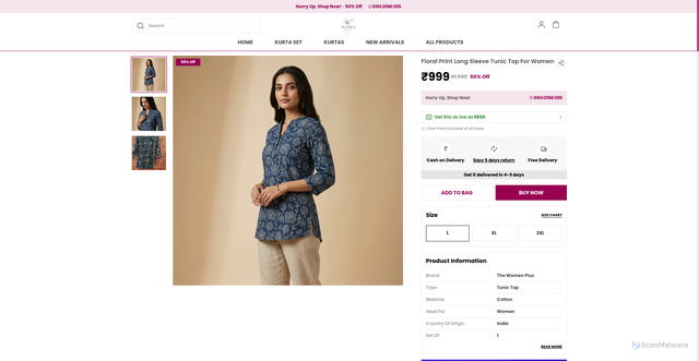 Security scan screenshot of https://thewomenplus.com/Floral-Print-Long-Sleeve-Tunic-Top-For-Women/catalogue/nCf6q9l-/valN3BQc