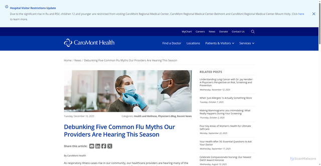 Security scan screenshot of https://caromonthealth.org/news/debunking-five-common-flu-myths-our-providers-are-hearing-this-season/
