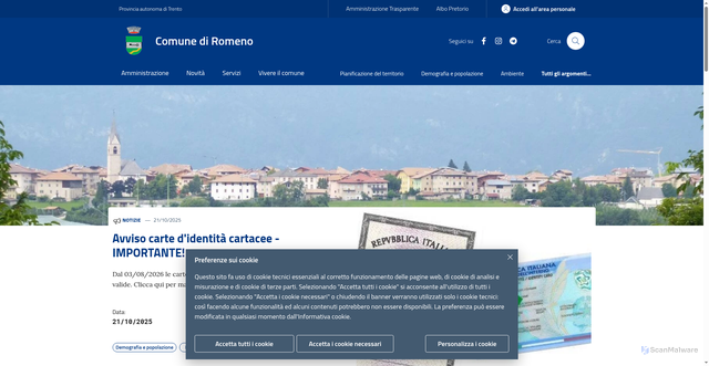 Security scan screenshot of https://www.comune.romeno.tn.it