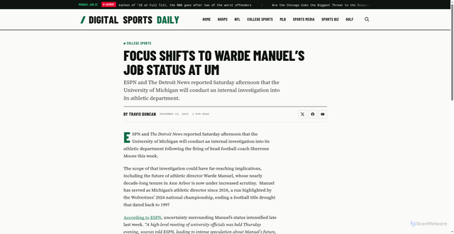 Security scan screenshot of https://digitalsportsdaily.com/focus-on-warde-manuels-job-status-comes-next-at-um/