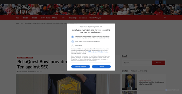 Security scan screenshot of https://stayaliveinpower5.com/2025/12/31/reliaquest-bowl-providing-pivotal-matchup-of-big-ten-against-sec/