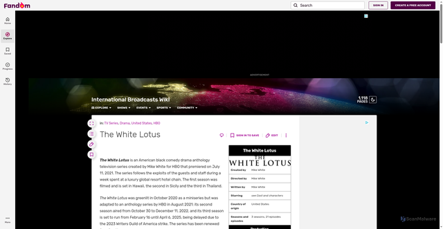 Security scan screenshot of https://internationalbroadcasts.fandom.com/wiki/The_White_Lotus