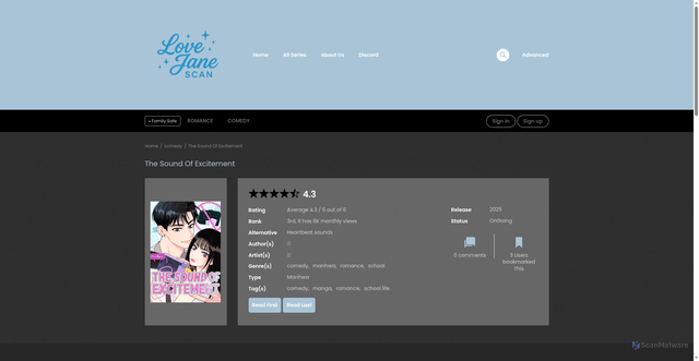 Security scan screenshot of http://lovesjane.site/manga/manga-6/feed/