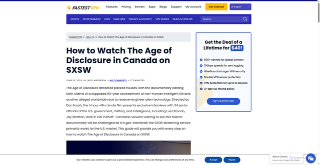 Security scan screenshot of https://fastestvpn.com/blogs/how-to-watch-the-age-of-disclosure-in-canada/