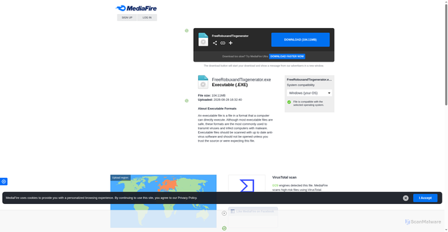 Security scan screenshot of https://download2391.mediafire.com/3idp8127aljgfuZ6gkeRls-KSkl6tqvW-Kn0KJBIP1YWO6QlhUFZq4P8p5A63YJO1qBEAZ8WMHA3yb-P8shZEZRc6MOi_DpmF7Dktq9IH2qT6JpxIOYyaIDC8ciCu1T8A2Q14SfPnfNdHBn3HBYc5MEcN-3ldNmtW1u4lSqsTV-swg/kn035c5b2hu307w/FreeRobuxandTixgenerator.exe