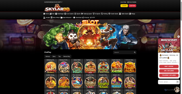 Security scan screenshot of https://skylar88apk.com/desktop/game/slot/clotplay