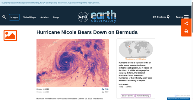 Security scan screenshot of https://earthobservatory.nasa.gov/images/88915/hurricane-nicole-bears-down-on-bermuda