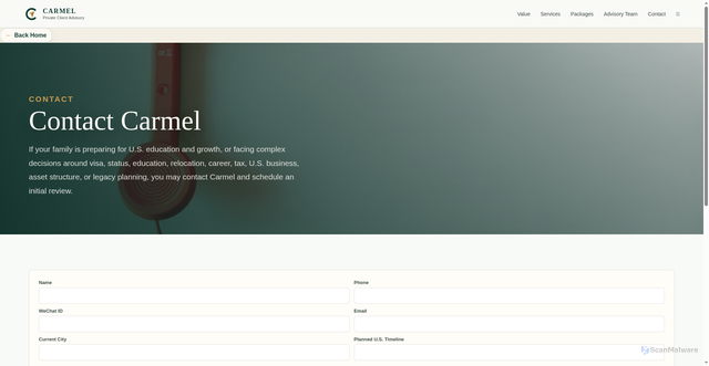 Security scan screenshot of https://carmelprivateclient.com/contact.html