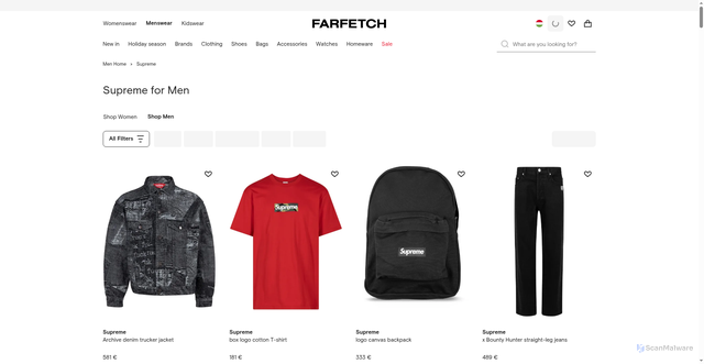 Security scan screenshot of https://www.farfetch.com/shopping/men/supreme/items.aspx