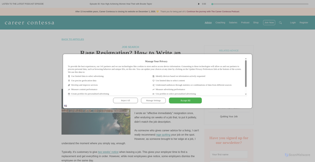 Security scan screenshot of https://www.careercontessa.com/advice/immediate-resignation-letter/