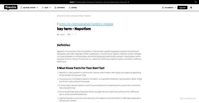 Security scan screenshot of https://fiveable.me/key-terms/introduction-comparative-politics/nepotism