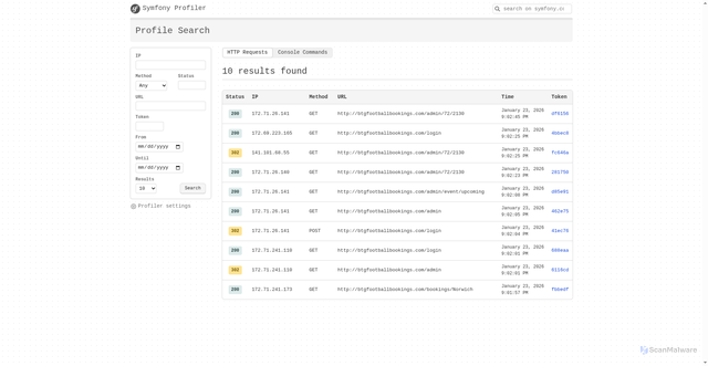 Security scan screenshot of http://btgfootballbookings.com/_profiler/