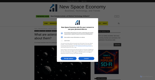 Security scan screenshot of https://newspaceeconomy.ca/2025/08/13/what-are-asteroids-and-what-do-we-know-about-them/