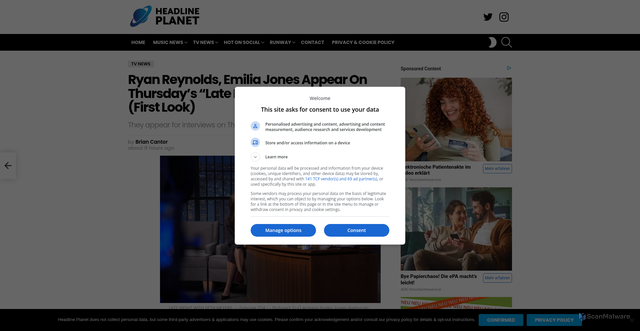 Security scan screenshot of https://headlineplanet.com/home/2025/10/09/ryan-reynolds-emilia-jones-appear-on-thursdays-late-night-with-seth-meyers-first-look/