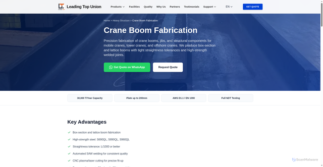 Security scan screenshot of https://leadingtopunion.com/heavy-structure/crane-boom-fabrication.html